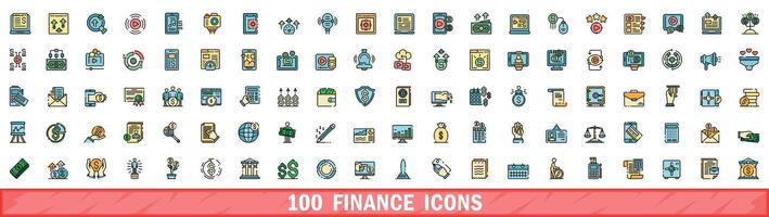 100 finance icons set, color line style vector