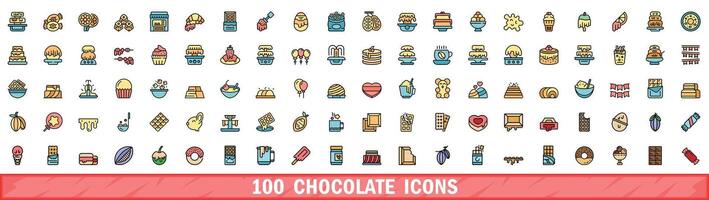 100 chocolate icons set, color line style vector