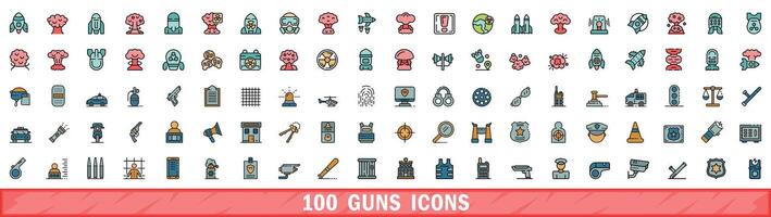 100 guns icons set, color line style vector