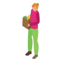 Mother take grocery bag icon isometric . Healthy food vector