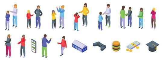 Parents teenagers conflicts icons set isometric . Stress trouble vector