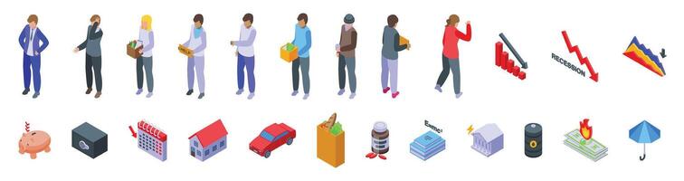 Economic recession icons set isometric . Money finance vector