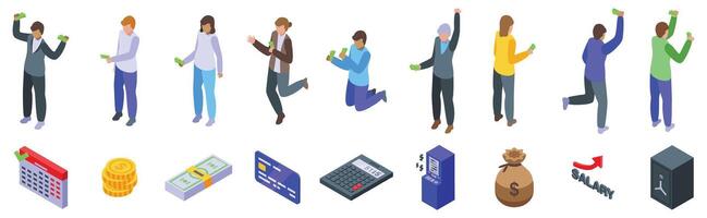 People payday icons set isometric . Happy event salary vector