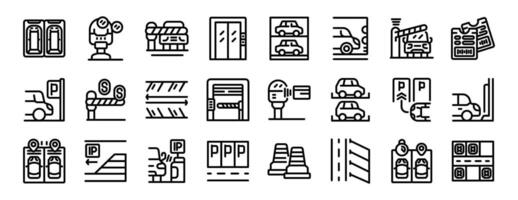 Underground parking lot icons set outline . Urban garage vector