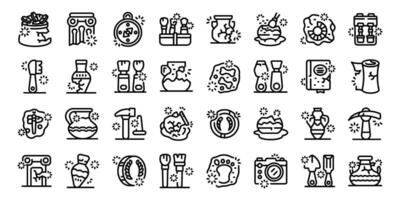 Excavation tools icons set outline . Inventory ancient vector
