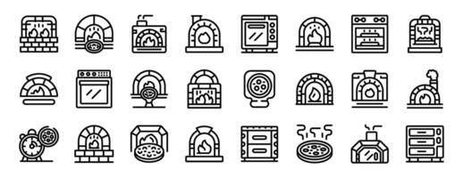 Pizza oven icons set outline . Stone process maker vector