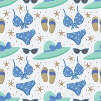 Products for the beach and recreation. A swimsuit, a hat with a brim, sunglasses, flip-flops, starfish and sand. Seamless drawing on summer and marine themes. vector