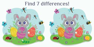 Cute Easter bunny with eggs. Spot the Differences, an educational game for kids. The game Spot the differences with the Easter bunny. An educational game for children. Illustration. vector