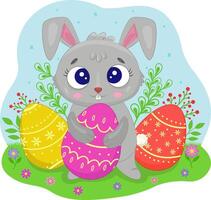 Funny Easter bunny with eggs cartoon illustration isolated in the background. Illustration. vector