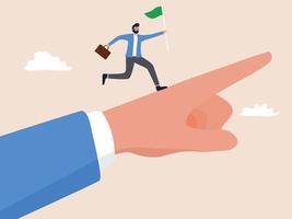 businessman runs atop a giant hand, which is pointing in the same direction, while holding a flag Illustration of leadership and guiding team members in business direction vector