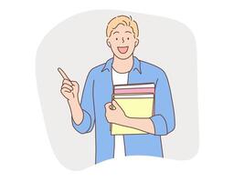 descubrir el encanto de dibujado a mano estilo ilustraciones presentando un hombre que lleva un libro, señalando, y sonriente. Perfecto para educativo, motivacional, y de negocios diseños vector