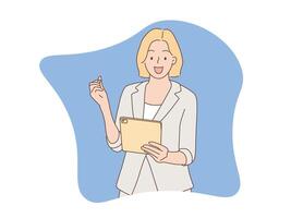 Experience the charm of hand drawn style illustrations featuring a woman holding a computer tablet and pen. Perfect for digital technology and business designs vector