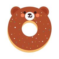 mano dibujo dibujos animados linda chocolate rosquilla con oso personaje. linda animal y comida garabatear pegatina vector