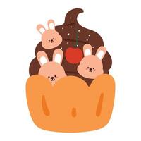 hand drawing cartoon cupcake with bunny. cute food and animal doodle for icon and sticker vector