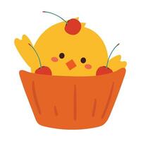 hand drawing cartoon cupcake with chick face. cute food and animal doodle for icon and sticker vector