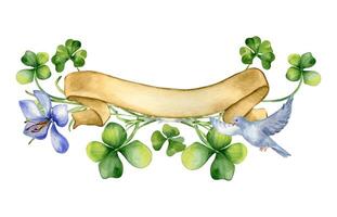 Empty ribbon banner with shamrock watercolor illustration isolated on white. Painted clover, crocus and bird. Ribbon with symbol of Ireland hand drawn. For St.Patricks day, Easter, spring design vector