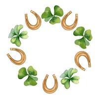 Circle frame with shamrock and horseshoe watercolor illustration isolated on white background. Painted green four leaves clover. Hand drawn Celtic symbol. Design for St. Patrick day card, packaging. vector