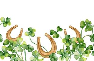 Seamless border with horseshoe and clover watercolor illustration isolated on white background. Painted green four leaves. Hand drawn Irish symbol shamrock. Design element for St. Patrick day, banner. vector