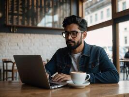 un creativo persona de libre dedicación trabajando desde cafetería. un masculino trabajando desde el cafetería. trabajando desde en cualquier sitio concepto. foto