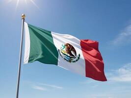 Mexican flag waving in the bright blue sky background. photo