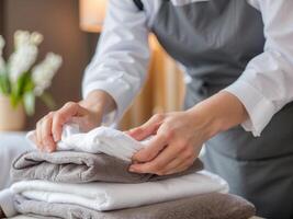 hotel personal preparando toallas para huéspedes. de cerca de mano profesional camarera poniendo un apilar de toallas foto