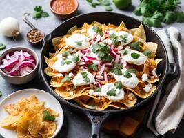 plano laico Disparo de mexicano chilaquiles. un delicioso mexicano chilaquiles. foto