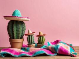 Copiar espacio de un pequeño, linda cactus vistiendo un mexicano sombrero en un rosado pastel pared antecedentes para el cinco Delaware mayonesa concepto. foto