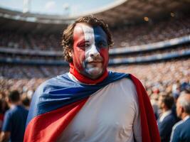 francés olímpico Deportes seguidor. pintado cara masculino francés olímpico seguidor aplausos con el estadio en el antecedentes. foto