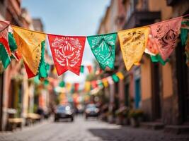 Low angle shot of Mexican bunting paper flag at Cinco de Mayo festival. A street market filled with colorful flags and traditional lanterns during a Cinco de Mayo celebration. photo