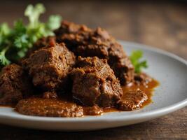 Authentic delicious Indonesian beef rendang. Close-up Indonesian beef Rendang from West Sumatra. photo