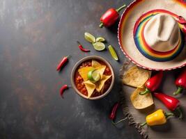 Copy space background of nacho chips, salsa sauce, hot pepper, and sombrero hat. Cinco de Mayo copy space background. photo
