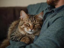 A person cradles a cute tabby cat in his lap. Closed up shot of a fluffy tabby cat sleep on a man lap. photo