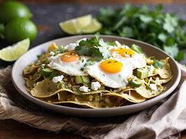 Mouthwatering Mexican Chilaquiles. A delicious breakfast plate with fried eggs and crispy bacon. photo