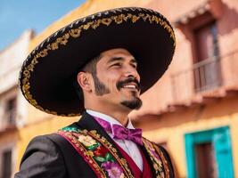 sonriente mexicano hombre celebrando cinco Delaware mayonesa. un hombre en un sombrero sonrisas para el cámara celebrando cinco Delaware mayonesa. foto