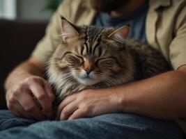 A person cradles a cute tabby cat in his lap. Closed up shot of a cute cat sleep on a man lap.. photo