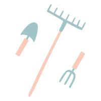 Shovel or spade, rake and pitchfork icons isolated on white background. Flat Gardening tools design Set. Colorful Cartoon illustration, Backyard Equipment. For Card, Ads, Web Design vector