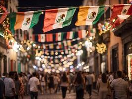 bajo ángulo Disparo de mexicano papel bandera a el festivo calle lleno de personas en el noche escena. calentar ligero derrames desde papel linternas ensartado a través de un ocupado ciudad calle. foto