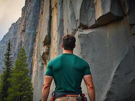 Rear view of Male mountain climber facing high rocky mountain. Male mountain climbers conquer rocky heights. photo