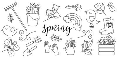 Set of Doodle Spring elements. Coloring book for kids with Flowers, Tools and Nature. Outline Object for Design, Postcard, Card, Poster, Sticker pack. Decor for holiday of March 8, Easter. vector