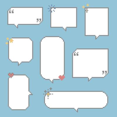 collection set of retro game 8bit pixel speech bubble balloon black and white color