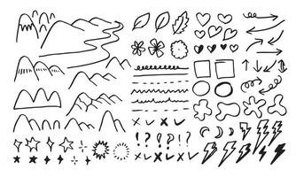 set of different stars, cloud, arrows, hearts, thunderbolt, signs and symbols. Hand drawn, doodle elements isolated on white background. vector