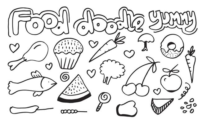 doodle food icons with lettering.