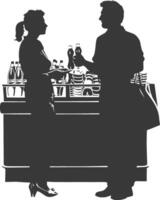 silhouette customer and cashier in supermarket full body black color only vector