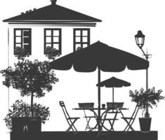 silhouette cafe front yard with umbrellas in the city black color only vector