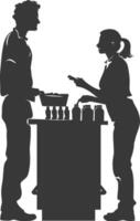 silhouette customer and cashier in supermarket full body black color only vector