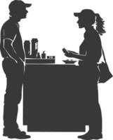 silhouette customer and cashier in supermarket full body black color only vector