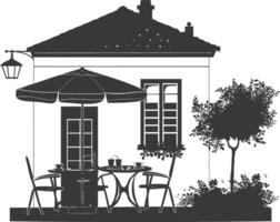 silhouette cafe front yard with umbrellas in the city black color only vector