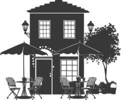 silhouette cafe front yard with umbrellas in the city black color only vector