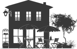 silhouette cafe front yard with umbrellas in the city black color only vector