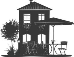 silhouette cafe front yard with umbrellas in the city black color only vector